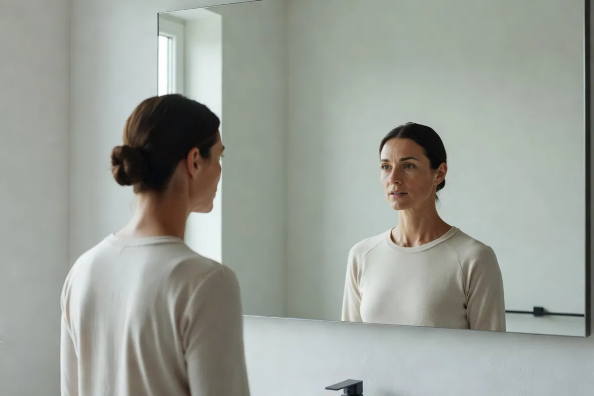 Femme adulte regardant sa peau dans un miroir de salle de bain lumineuse