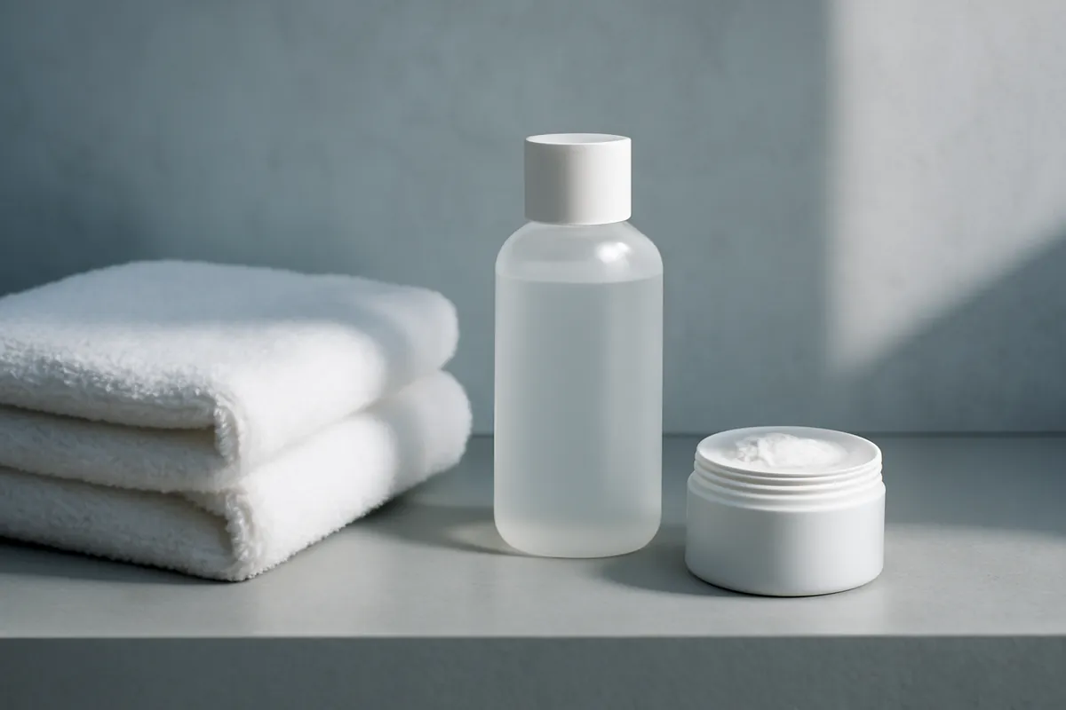 Flacon de soin sans étiquette, serviette blanche et petit pot de poudre sur une étagère claire
