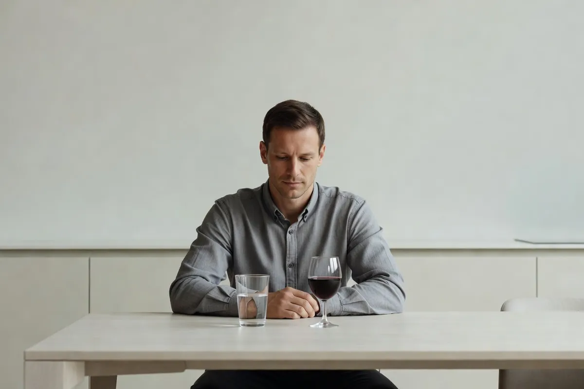 Homme adulte à une table de cuisine claire avec un verre d'eau et un petit verre de vin