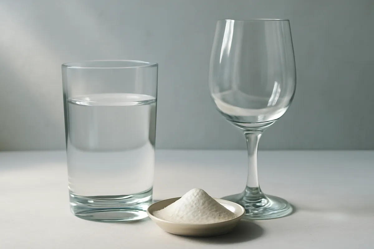 Verre d'eau et verre à vin côte à côte avec une coupelle de poudre blanche entre eux