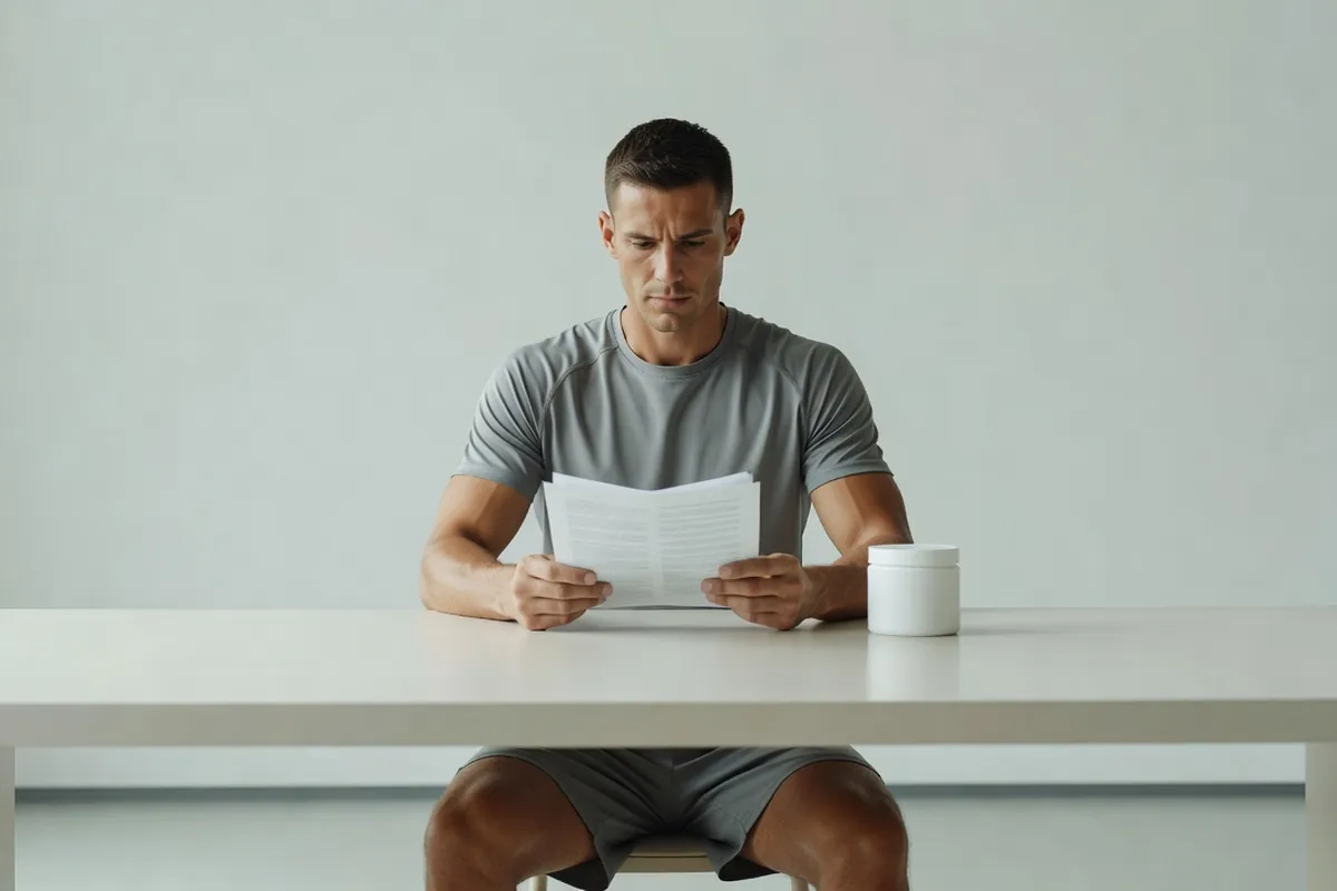 Sportif adulte lisant attentivement un document à une table, avec un pot blanc sans étiquette à côté