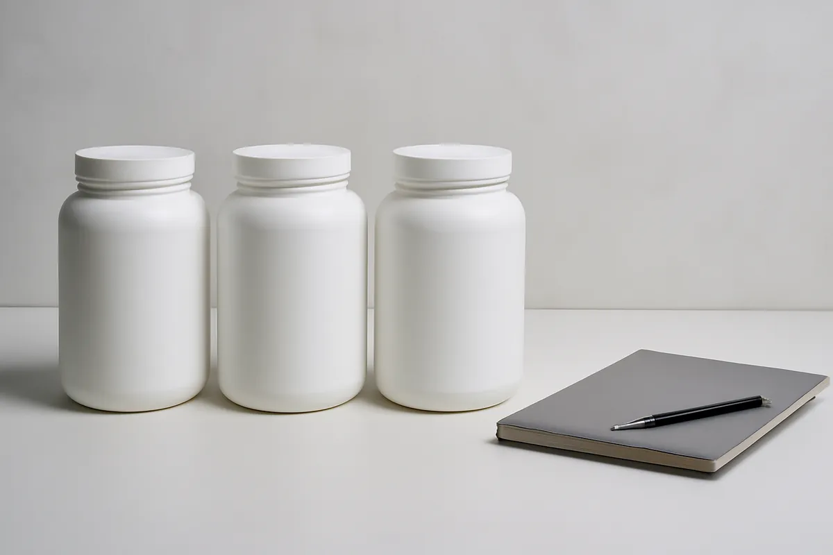 Trois pots blancs identiques sans étiquette alignés à côté d'un dossier fermé et d'un stylo