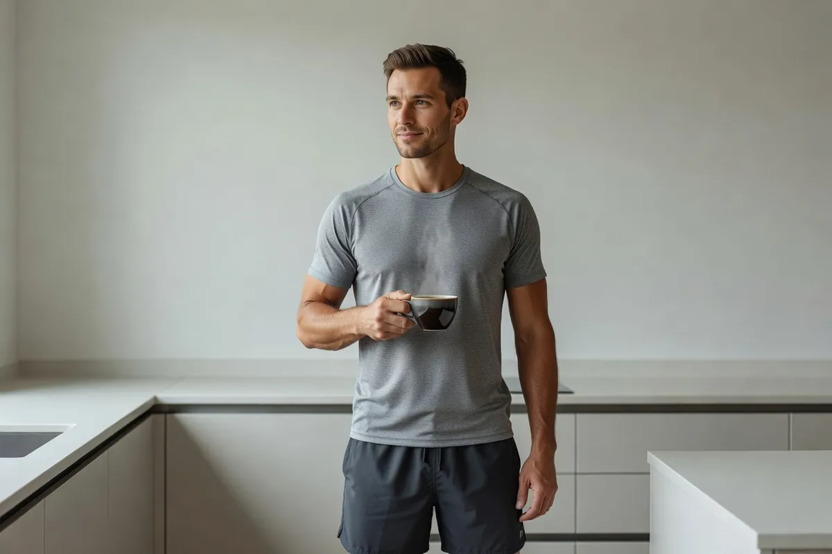 Homme adulte tenant une tasse de café noir dans une cuisine lumineuse