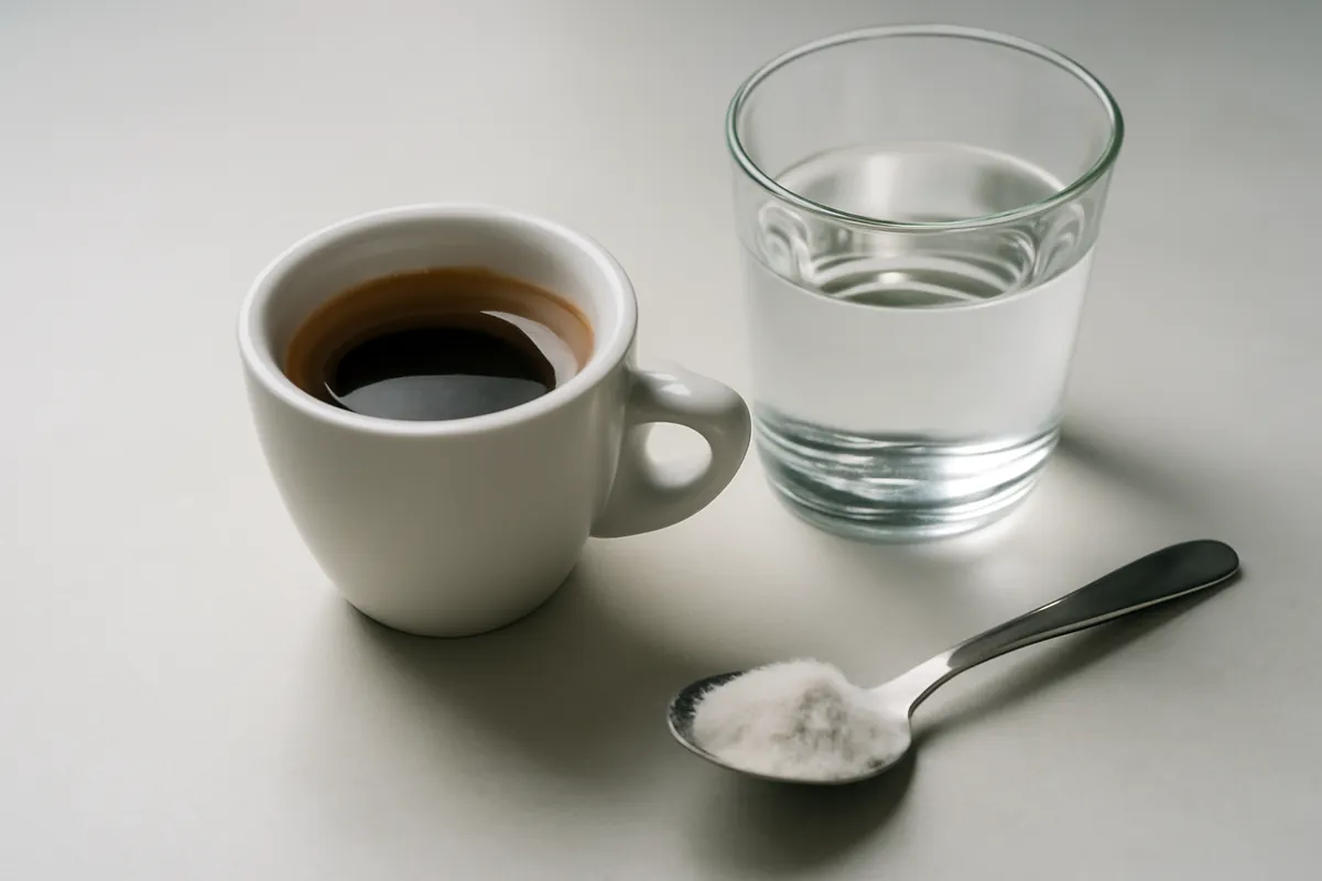 Tasse de café noir et verre d'eau accompagné d'une cuillère de poudre blanche