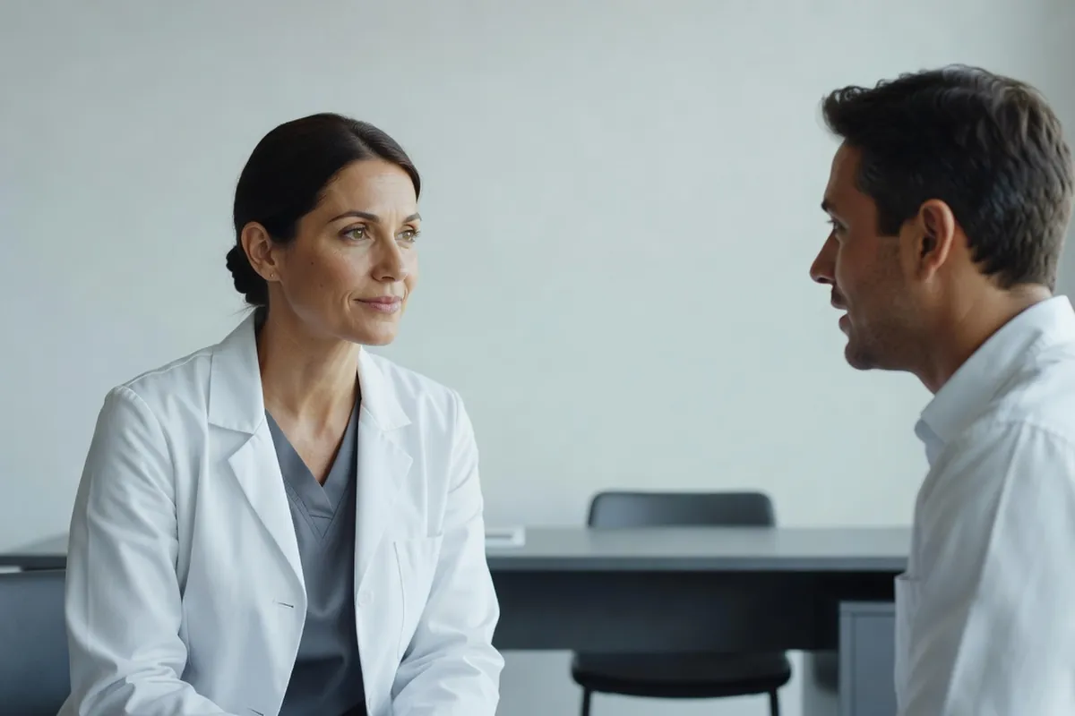 Médecin et patient adultes en consultation dans un cabinet lumineux