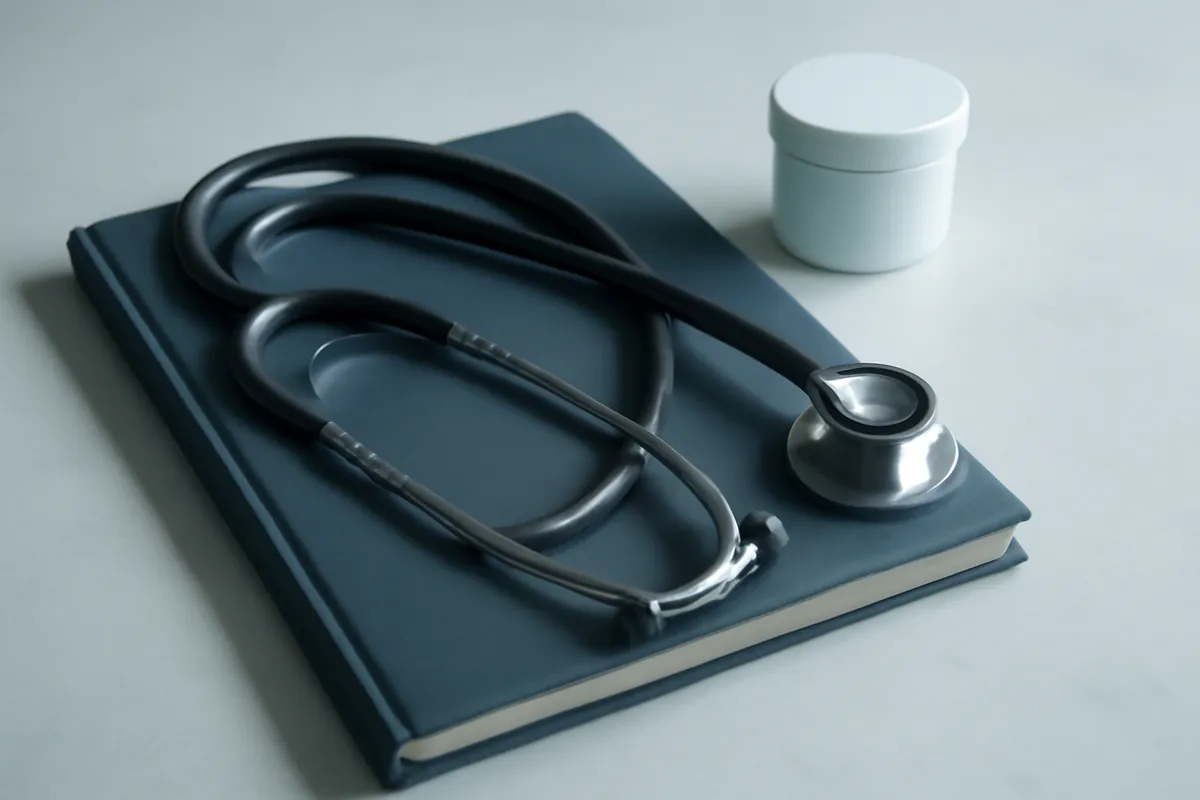 Stéthoscope et dossier médical fermé à côté d'un pot blanc sans étiquette