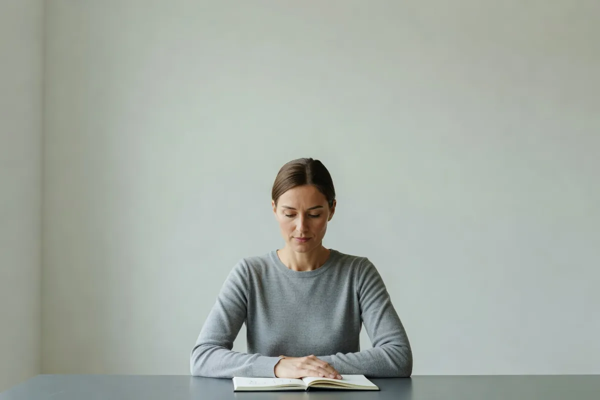 Femme adulte concentrée devant un cahier ouvert dans une pièce de travail lumineuse