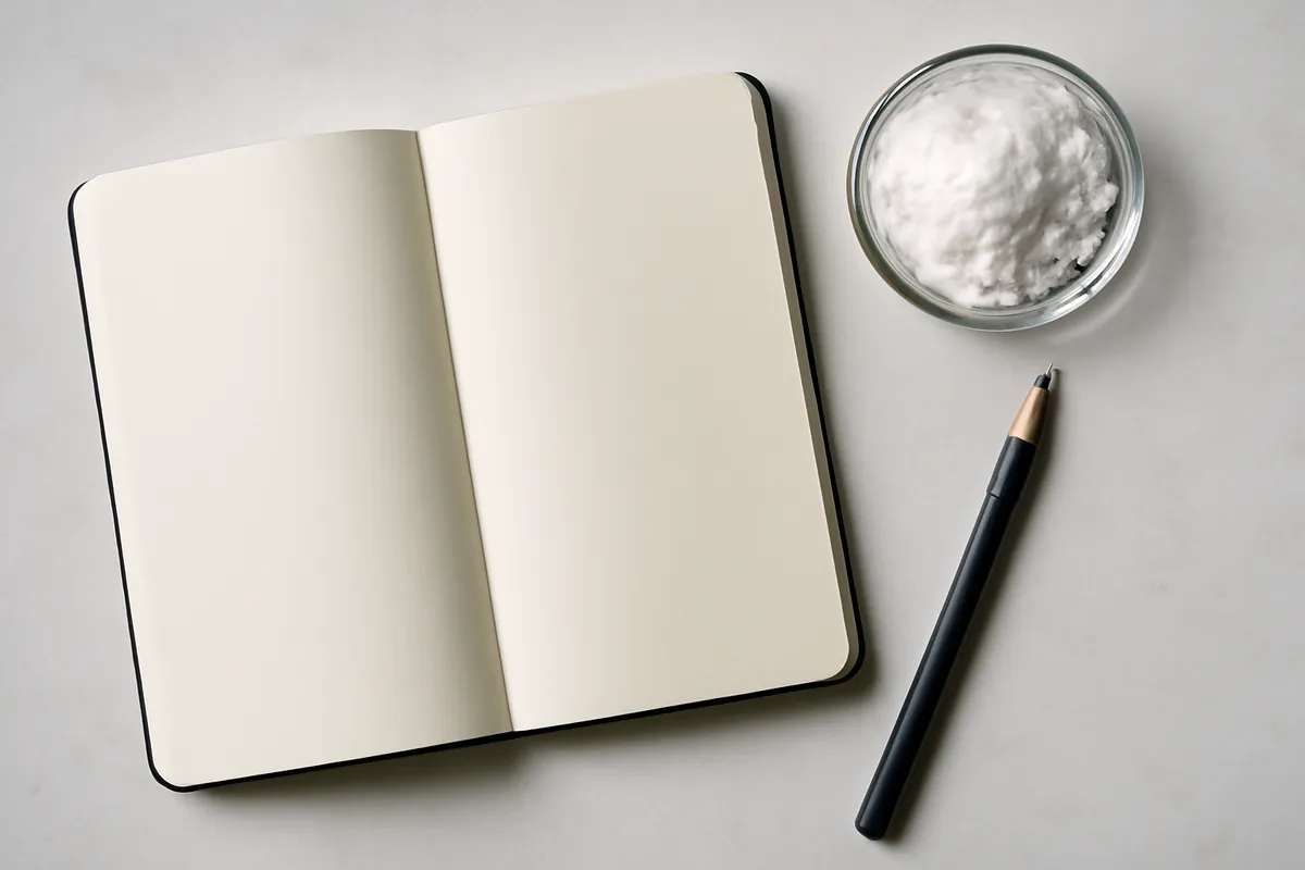 Cahier ouvert, crayon et petite coupelle de poudre blanche sur un plan de travail clair