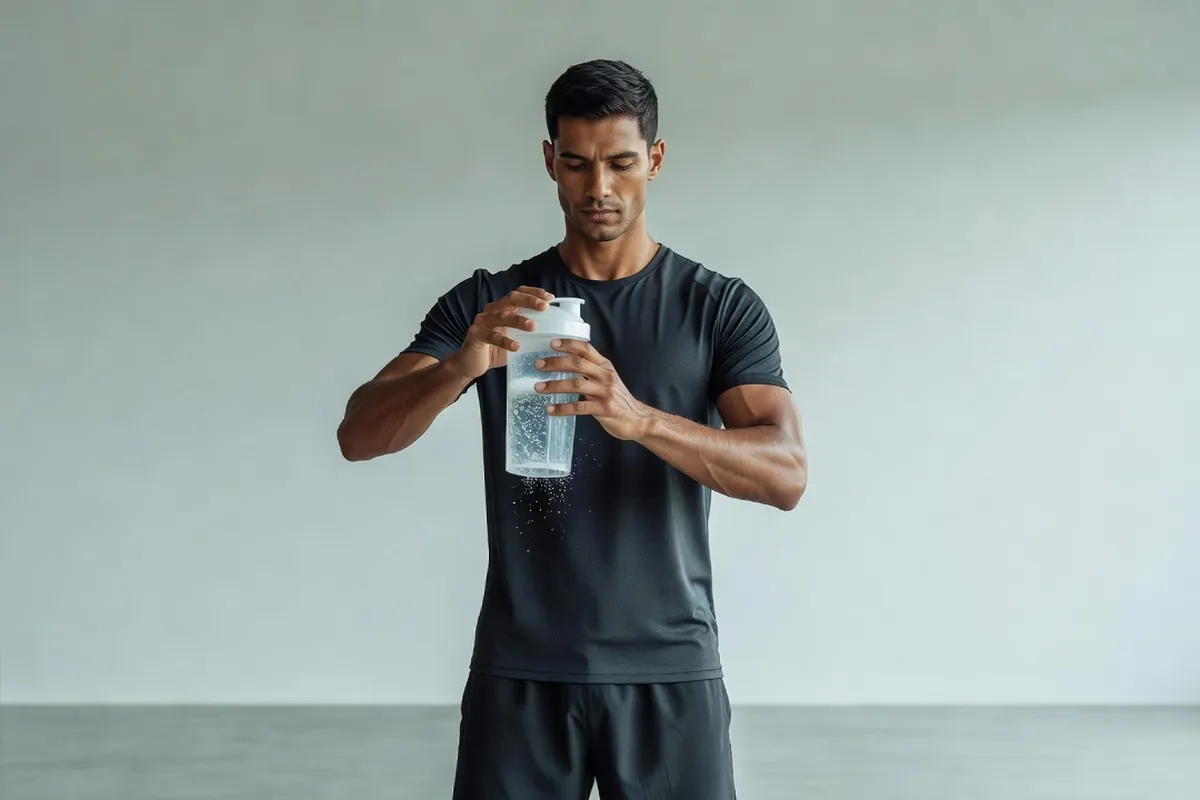 Sportif adulte secouant un shaker transparent dans une salle de sport claire