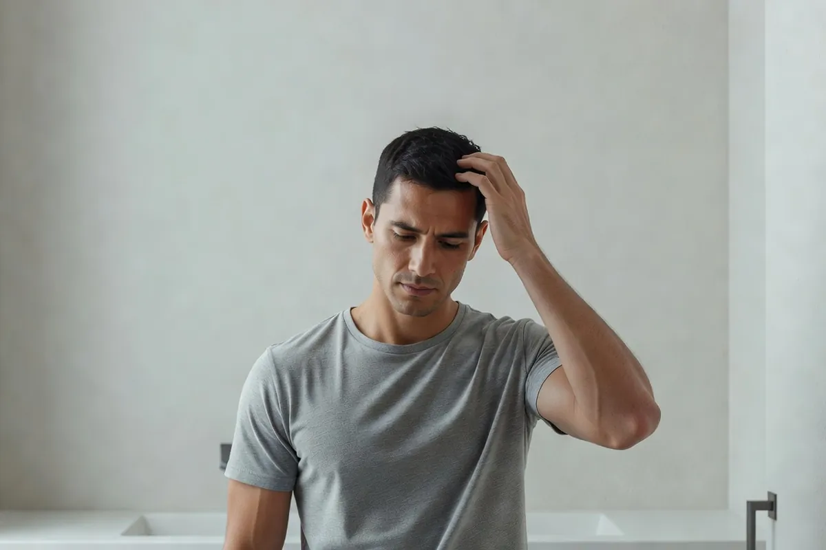 Homme adulte passant la main dans ses cheveux devant un miroir clair