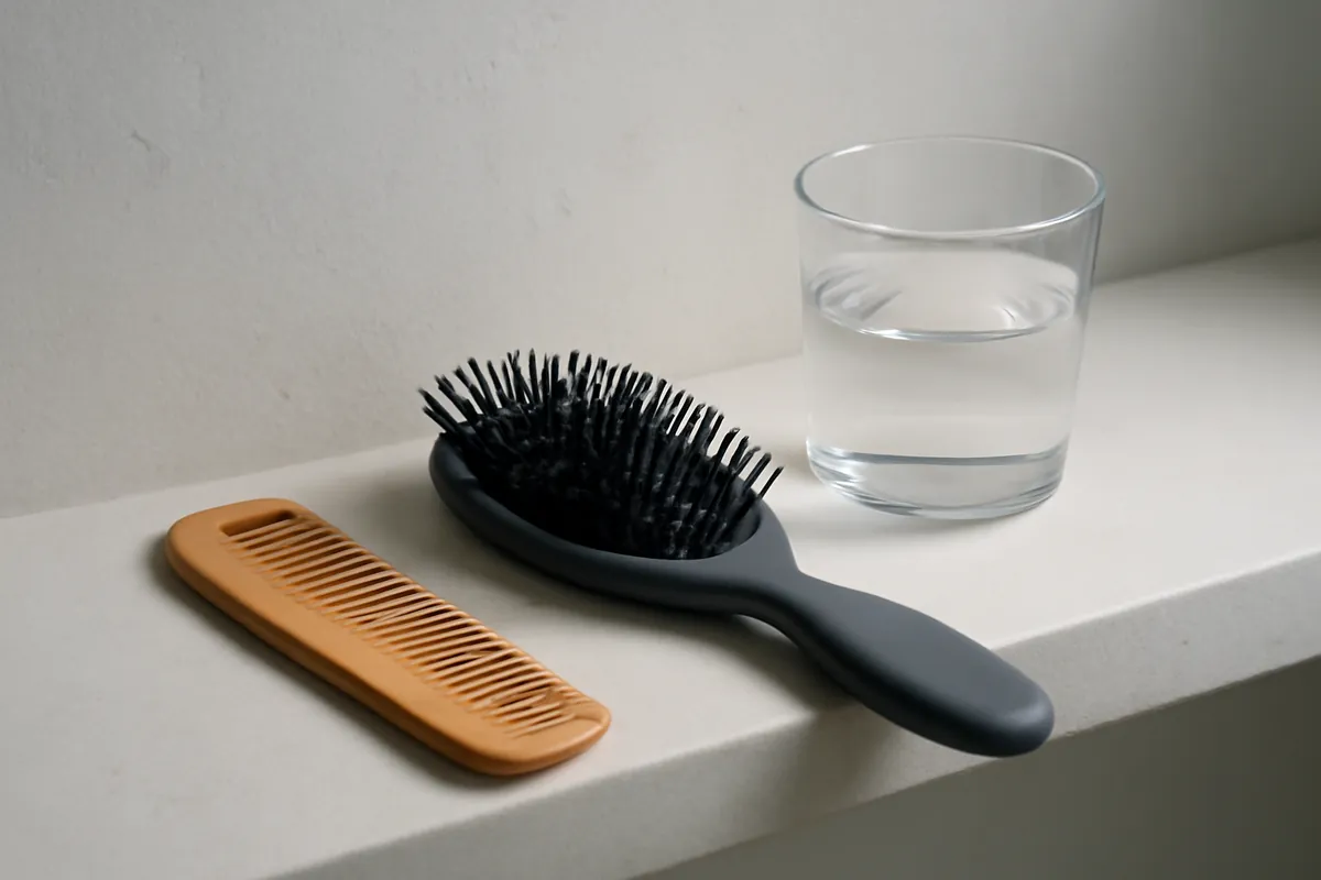 Peigne en bois et brosse propre sur une étagère claire à côté d'un verre d'eau