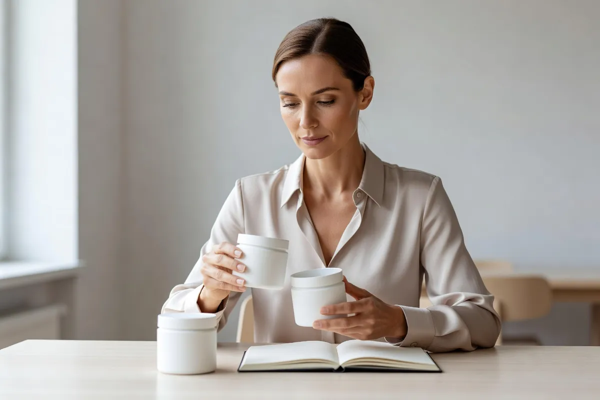 Femme adulte comparant deux contenants blancs sans marque, un carnet ouvert devant elle