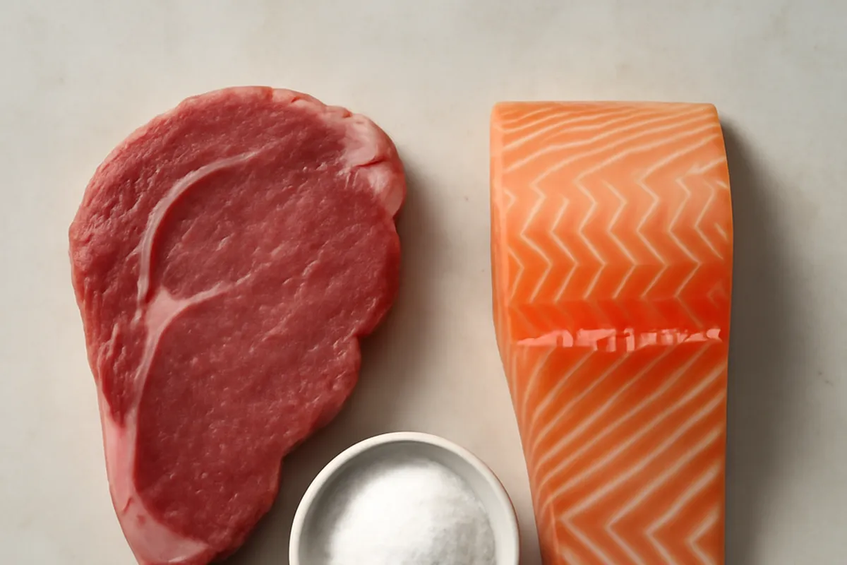 Viande rouge, filet de saumon et coupelle de poudre blanche disposés sur une surface claire