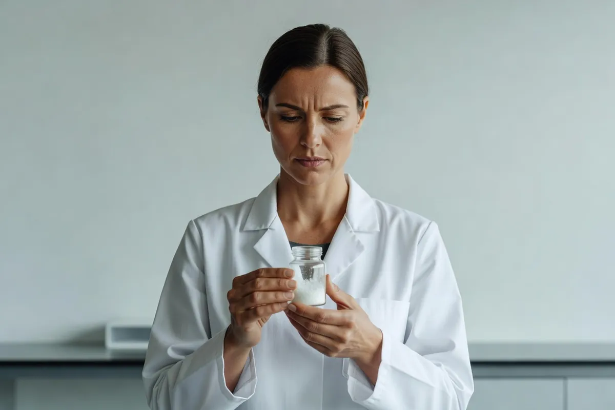 Chercheuse adulte en blouse blanche examinant un flacon de cristaux blancs dans un laboratoire
