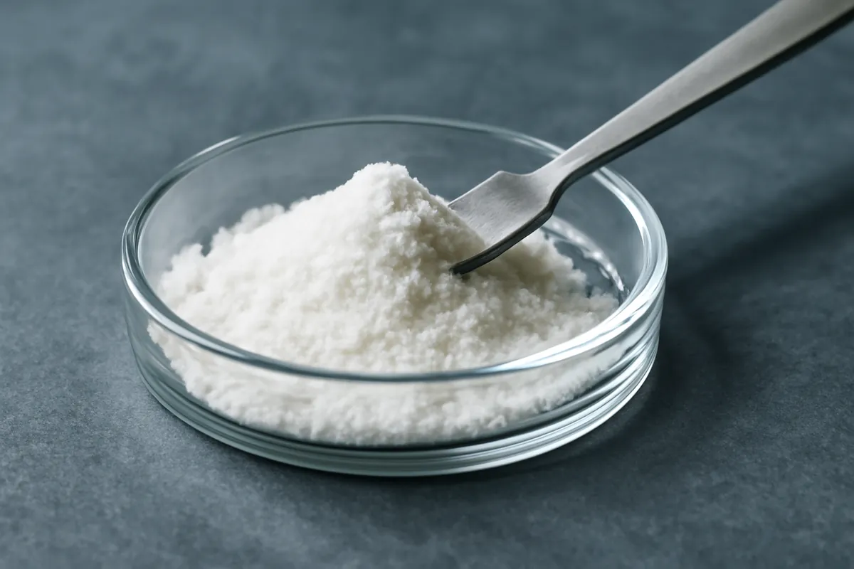 Poudre cristalline blanche dans une coupelle en verre avec une spatule en acier