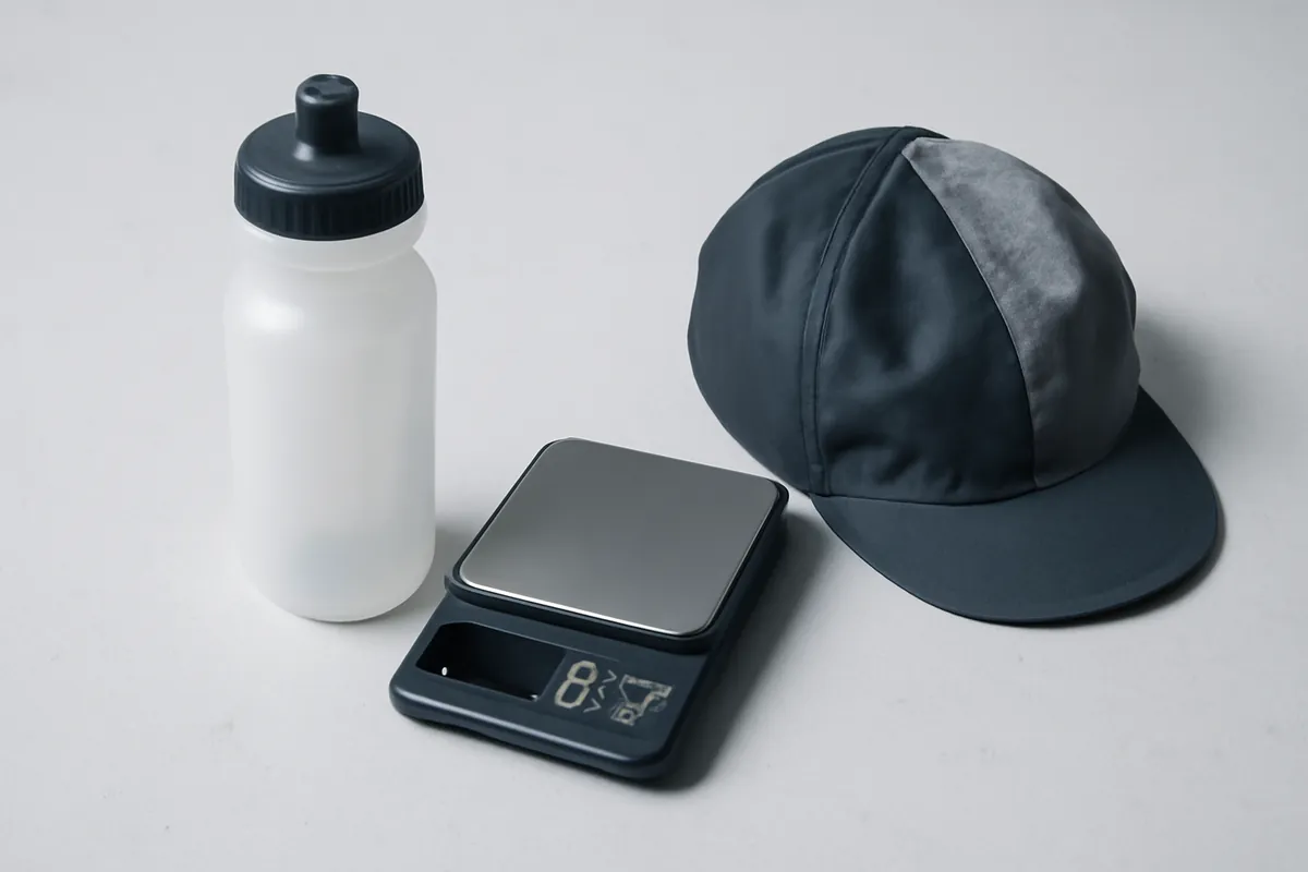 Bidon de vélo, petite balance de cuisine numérique et casquette posés sur un plan clair