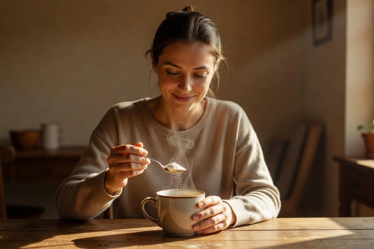 Femme adulte versant de la créatine en poudre dans une tisane sur une table de dîner en fin de journée