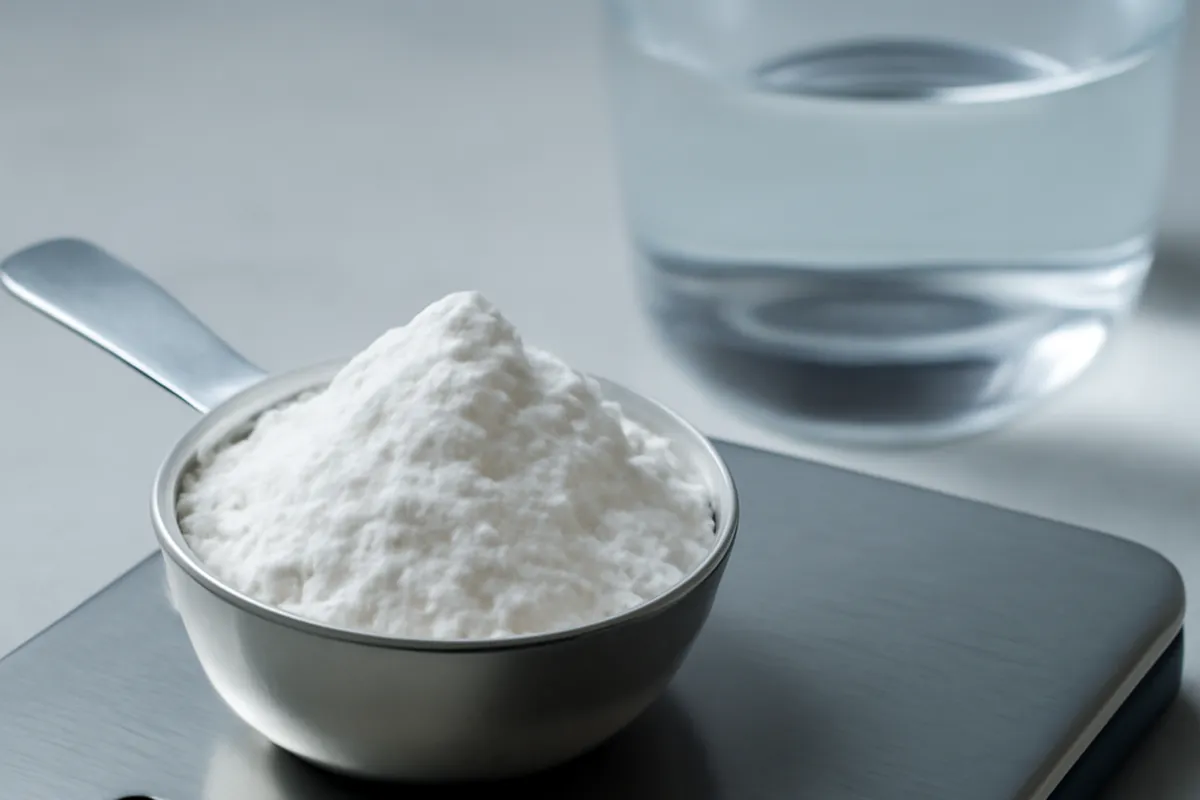 Cuillère doseuse en inox remplie de poudre blanche posée sur une balance de cuisine, verre d'eau à l'arrière-plan