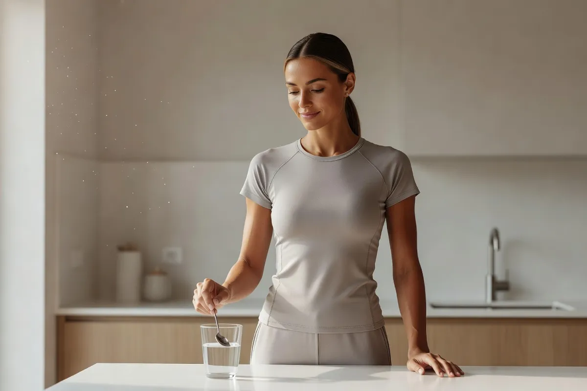 Femme adulte en tenue de sport mélangeant une poudre dans un verre d'eau, dans une cuisine lumineuse
