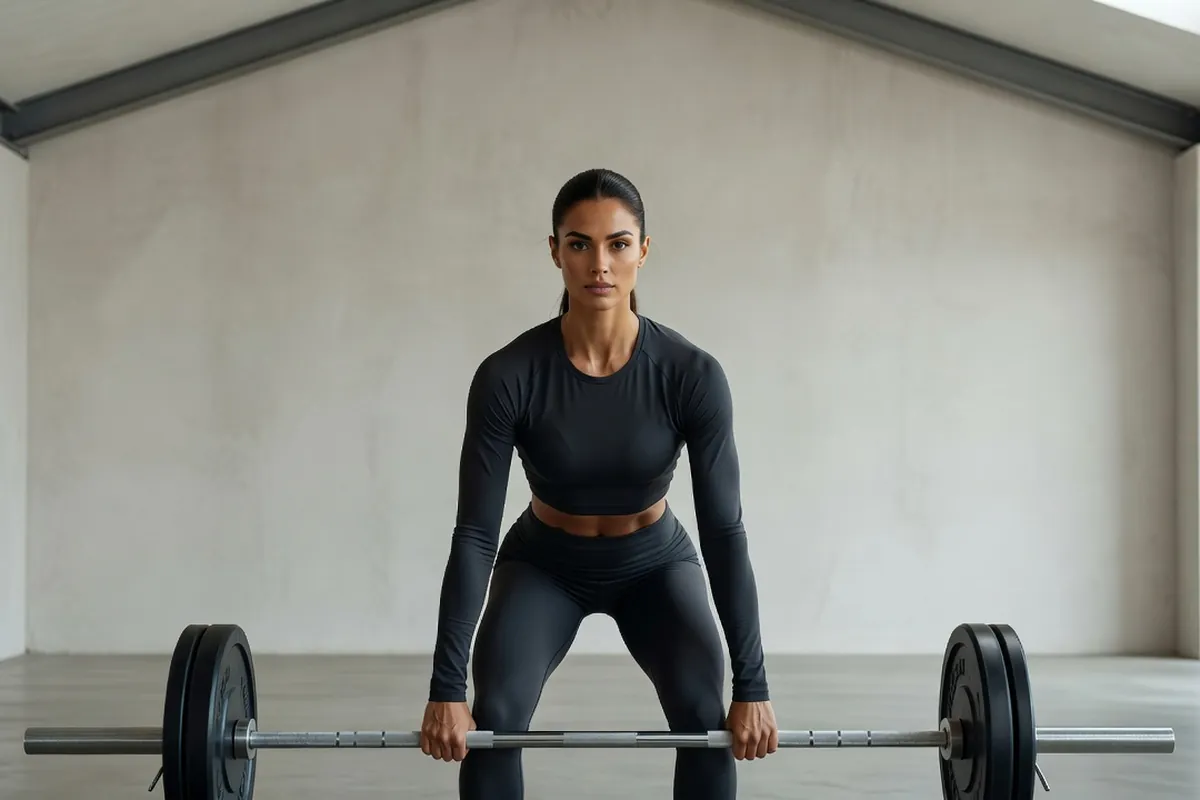 Femme adulte athlétique se préparant à un exercice avec barre dans un studio de musculation clair