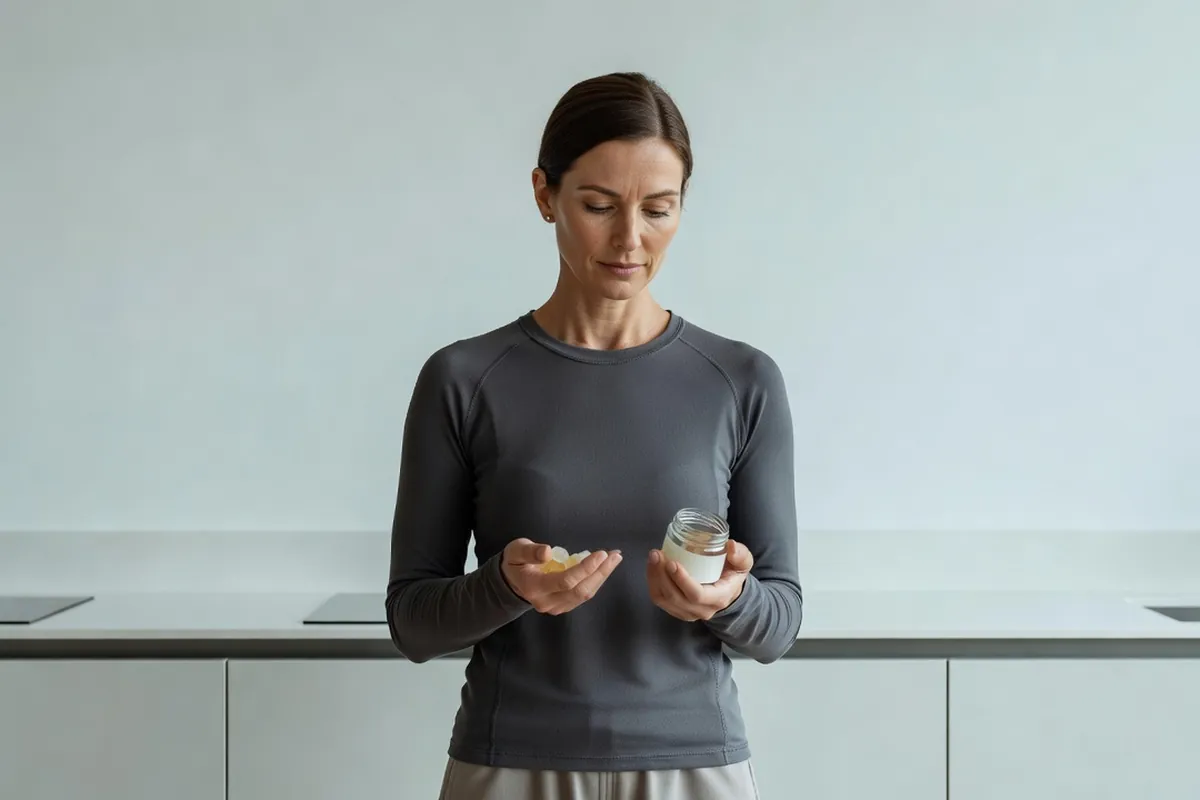 Femme adulte comparant une poignée de gommes à la composition d'un pot dans une cuisine claire