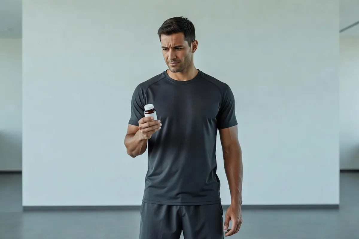 Sportif adulte lisant avec attention l'arrière d'un flacon de gélules sans étiquette