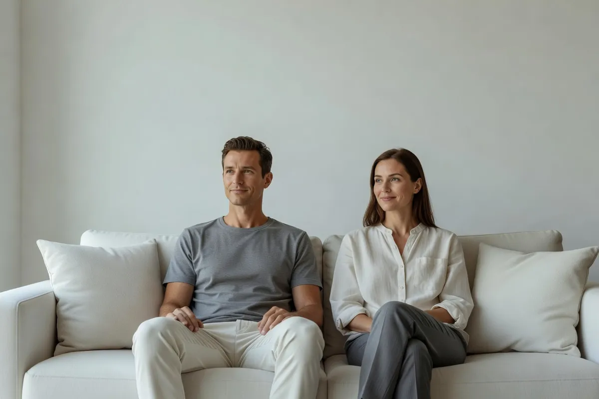 Couple d'adultes assis côte à côte sur un canapé clair dans un salon lumineux
