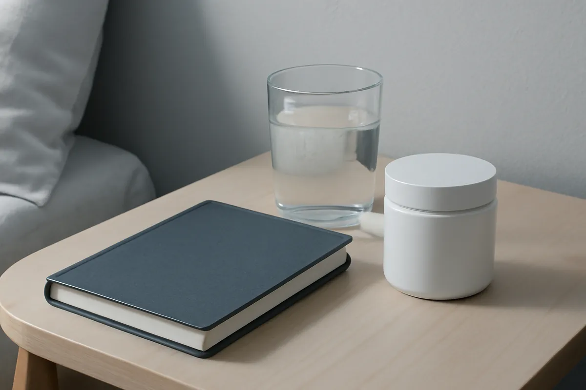 Carnet fermé, verre d'eau et pot blanc sans étiquette sur une table de chevet claire