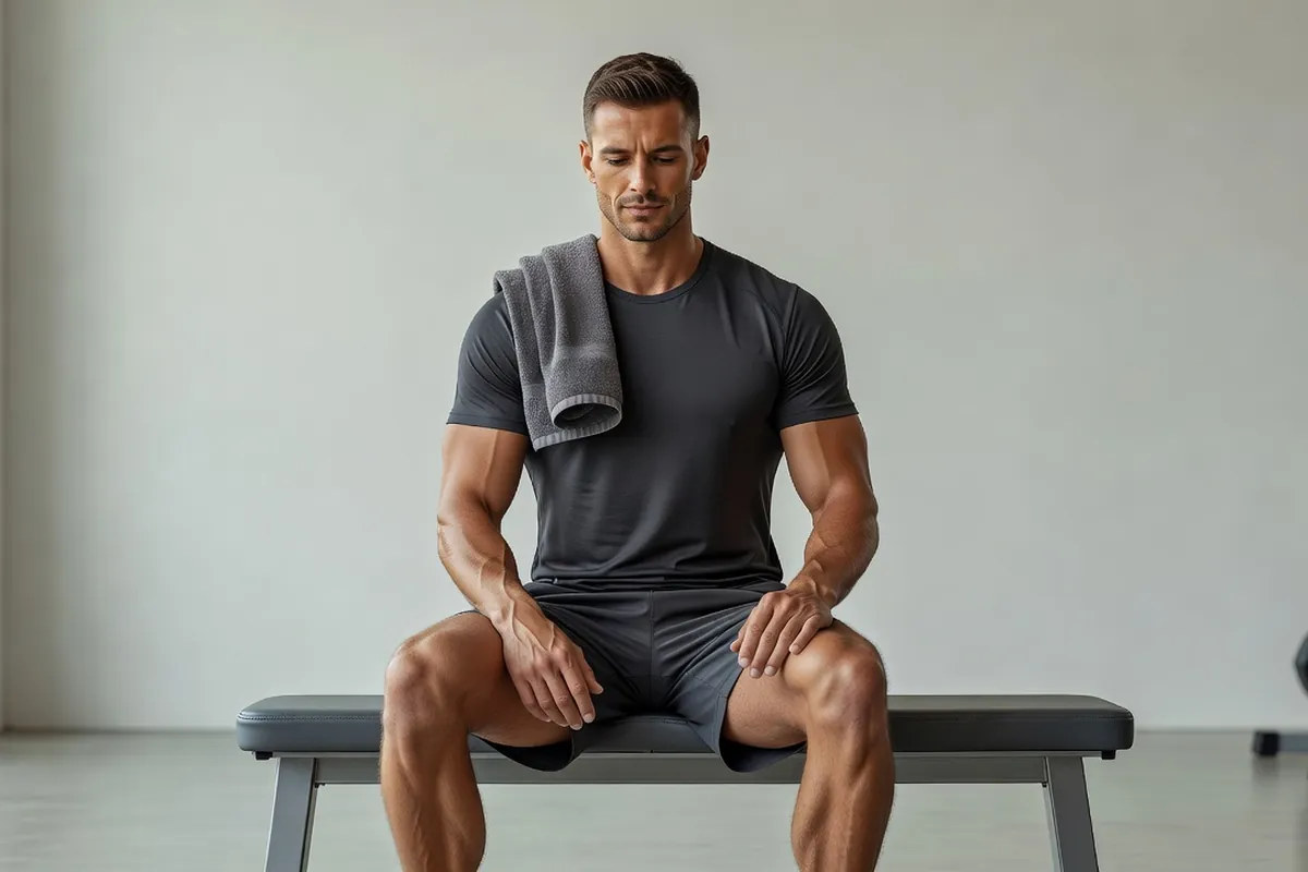 Sportif adulte assis sur un banc entre deux séries dans un studio de musculation clair