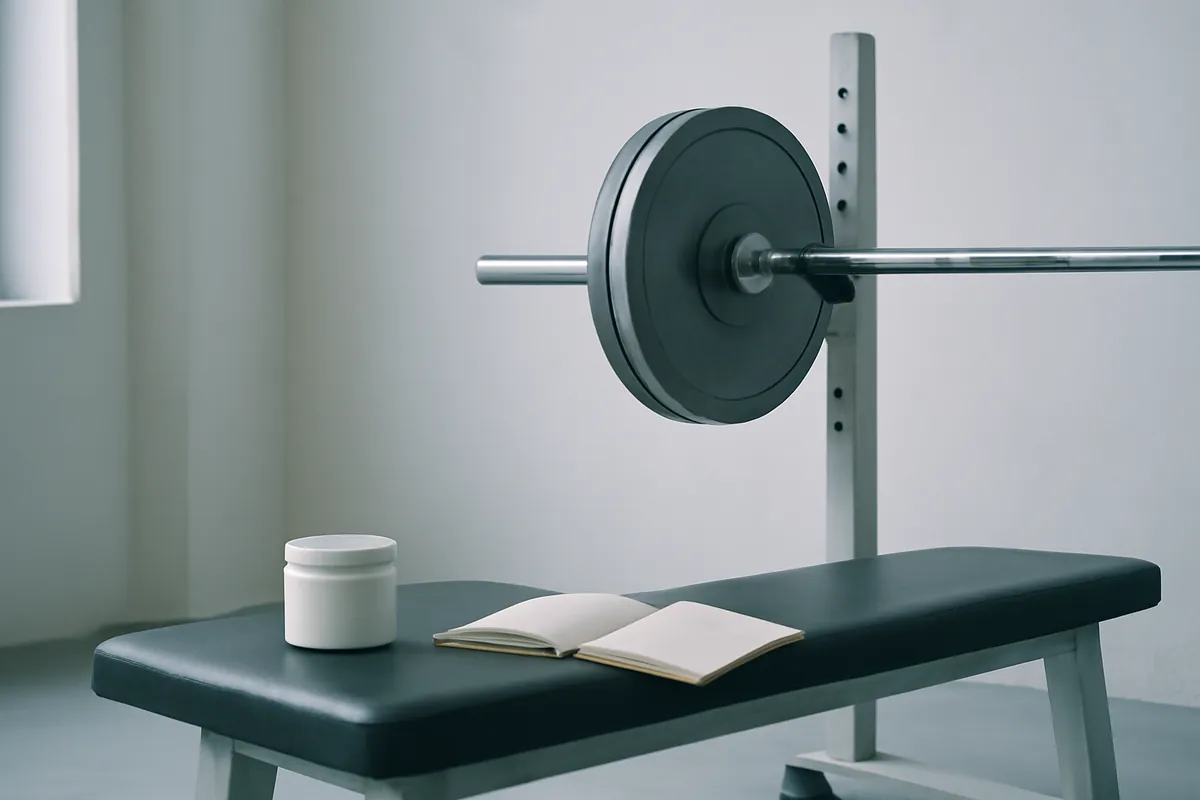 Barre chargée sur un support dans une salle claire, avec un carnet et un pot blanc au premier plan