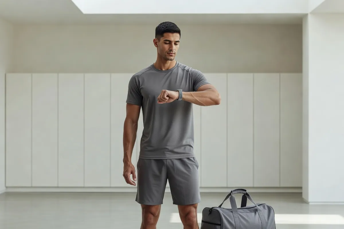 Sportif adulte consultant sa montre à côté d'un sac de sport dans un vestiaire clair