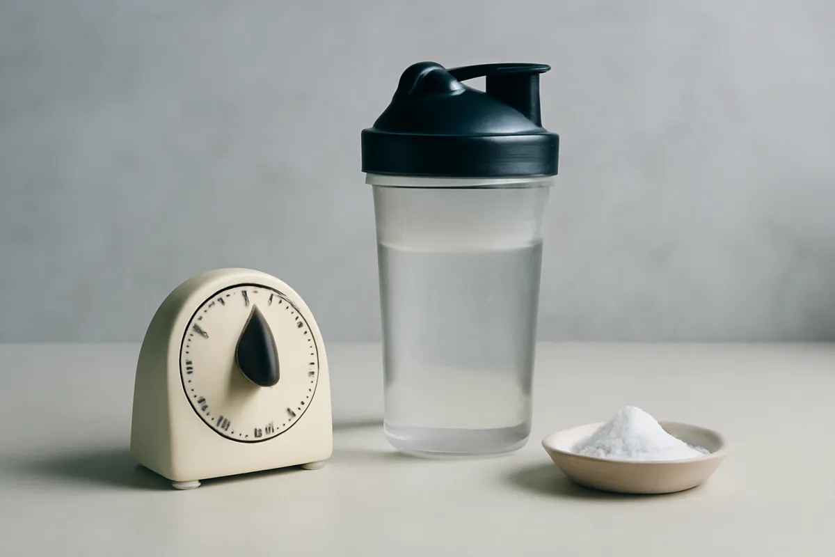Minuteur de cuisine, shaker transparent et coupelle de poudre blanche sur un plan clair
