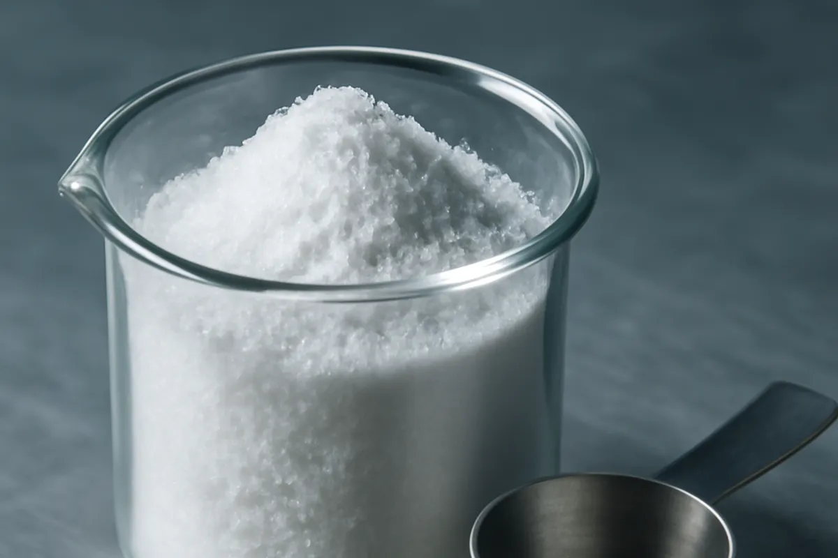 Poudre cristalline blanche dans un bécher de laboratoire en verre, avec une cuillère doseuse en inox