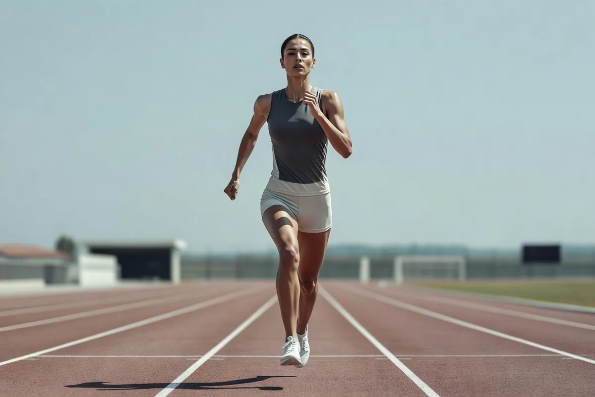 Athlète adulte en plein sprint sur une piste d'athlétisme en extérieur