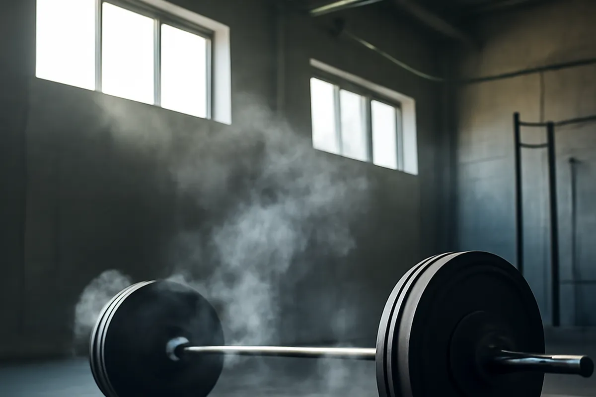 Barre de musculation chargée posée au sol dans une salle vide, poussière de magnésie en suspension