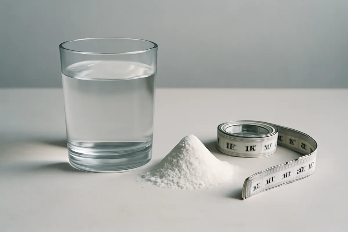 Verre d'eau, petit monticule de poudre blanche et mètre ruban enroulé