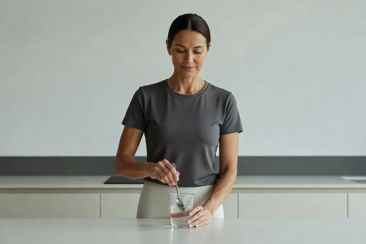 Femme adulte remuant un verre d'eau avec une cuillère dans une cuisine lumineuse