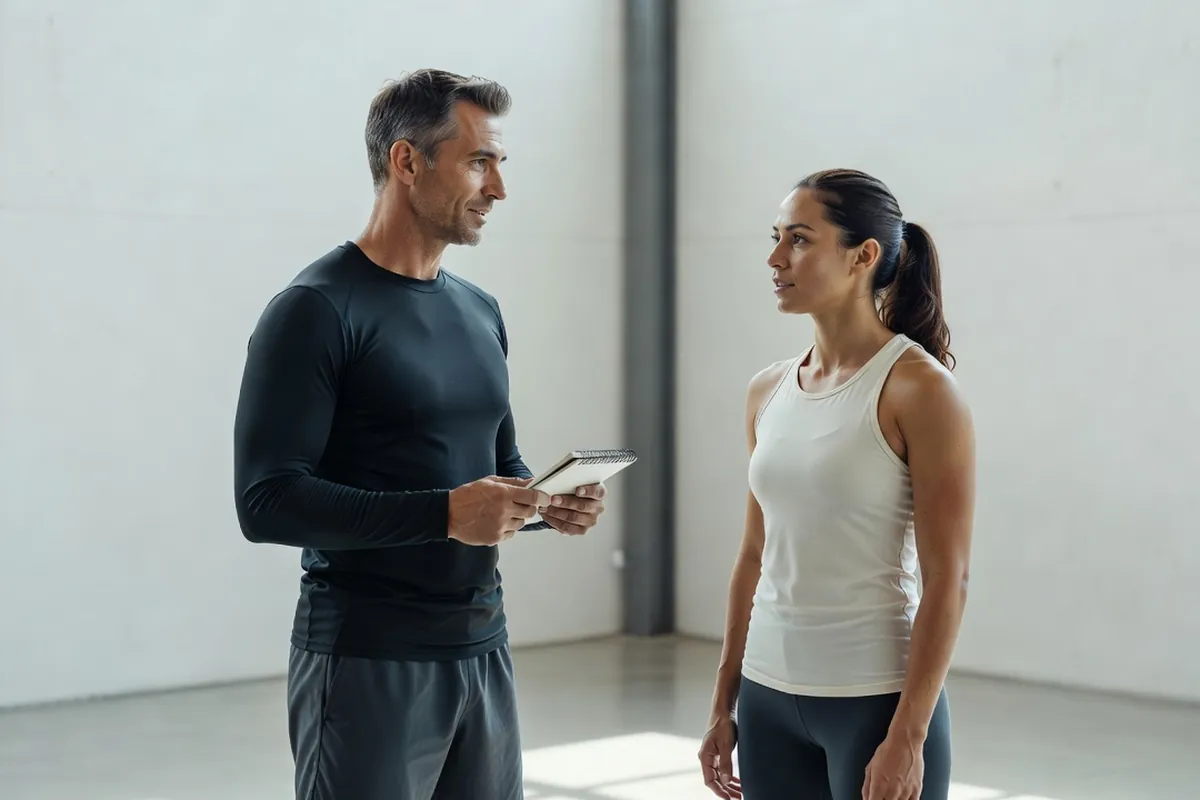 Coach adulte conversant avec une sportive adulte dans une salle de sport claire, un carnet à la main