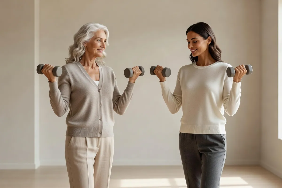 Femme âgée aux cheveux argentés et femme adulte faisant des exercices avec de petits haltères dans une pièce lumineuse