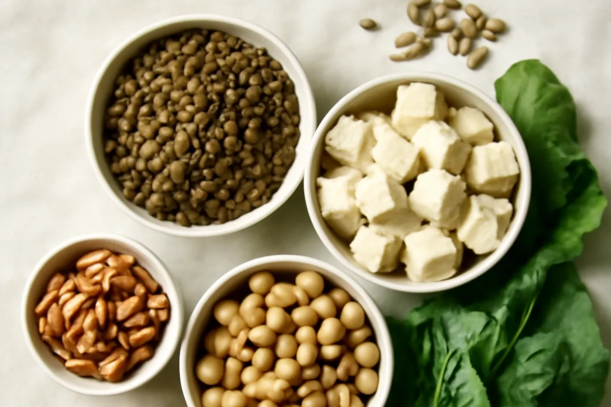 Lentilles, tofu, pois chiches, noix et feuilles vertes présentés dans des bols blancs, vus de dessus