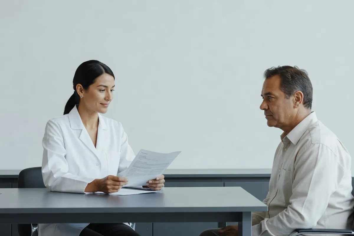 Médecin et patient adultes examinant ensemble des résultats d'analyses dans un cabinet médical