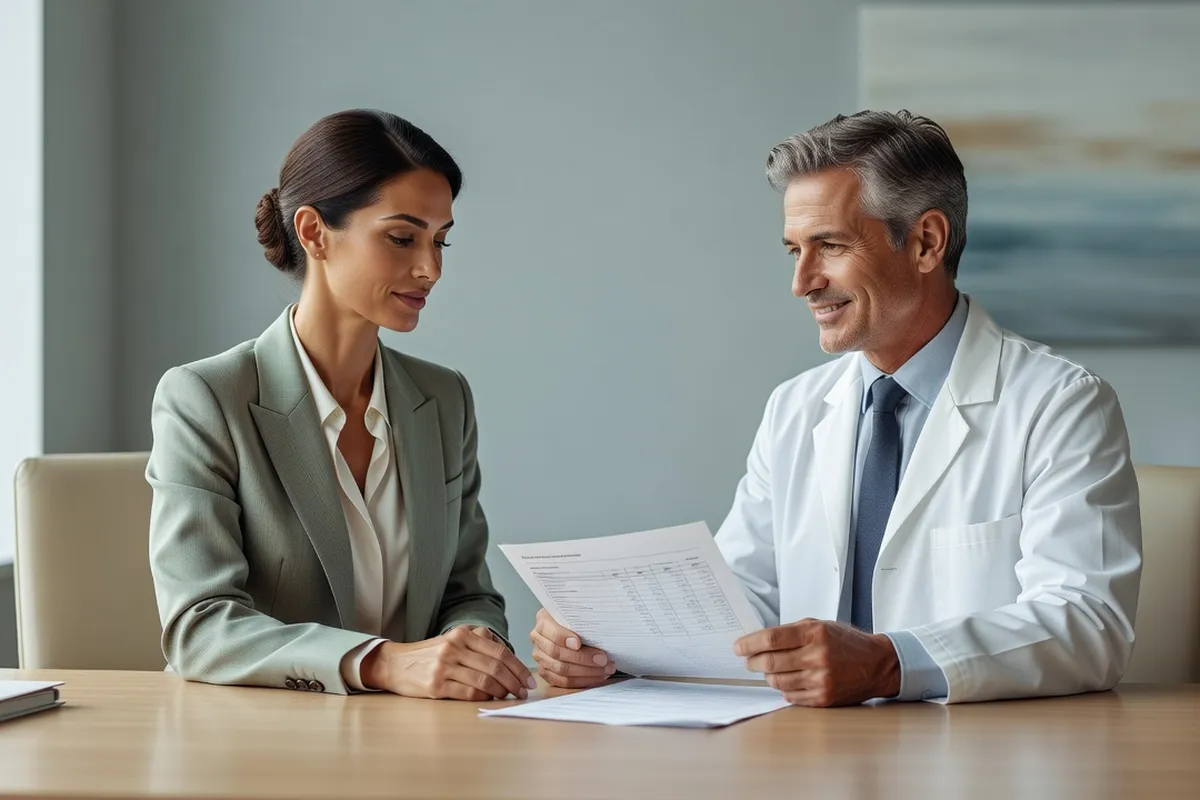 Femme adulte et médecin assis face à face dans un cabinet, examinant ensemble des résultats d'analyses