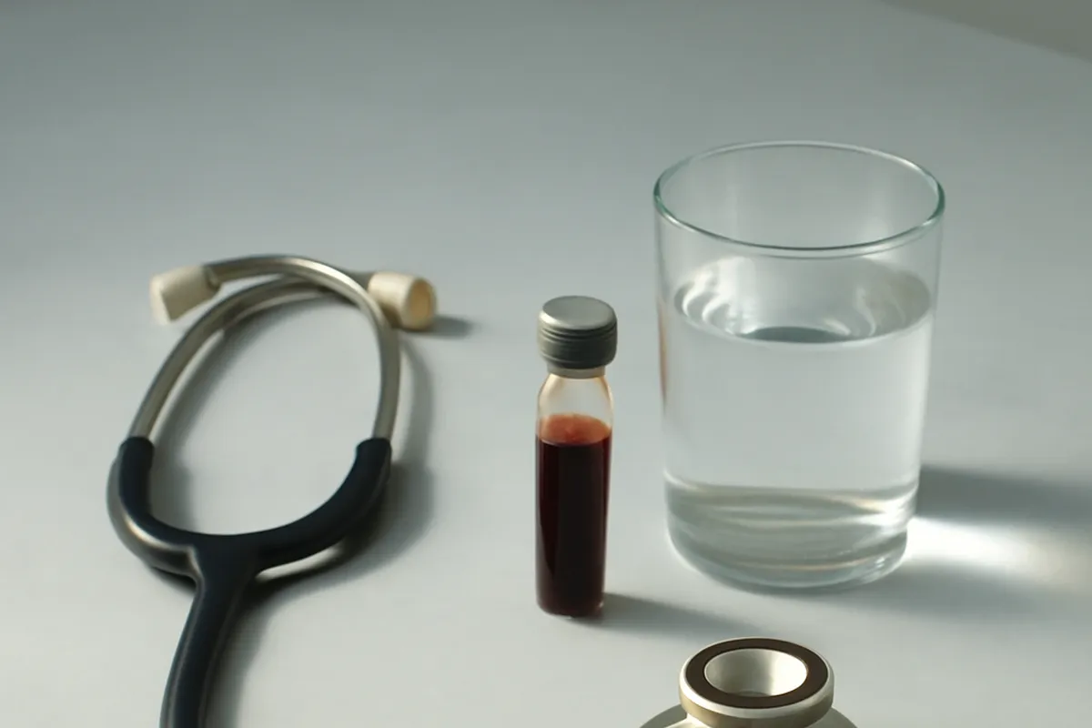 Stéthoscope, tube de prélèvement sanguin et verre d'eau posés sur une surface clinique claire