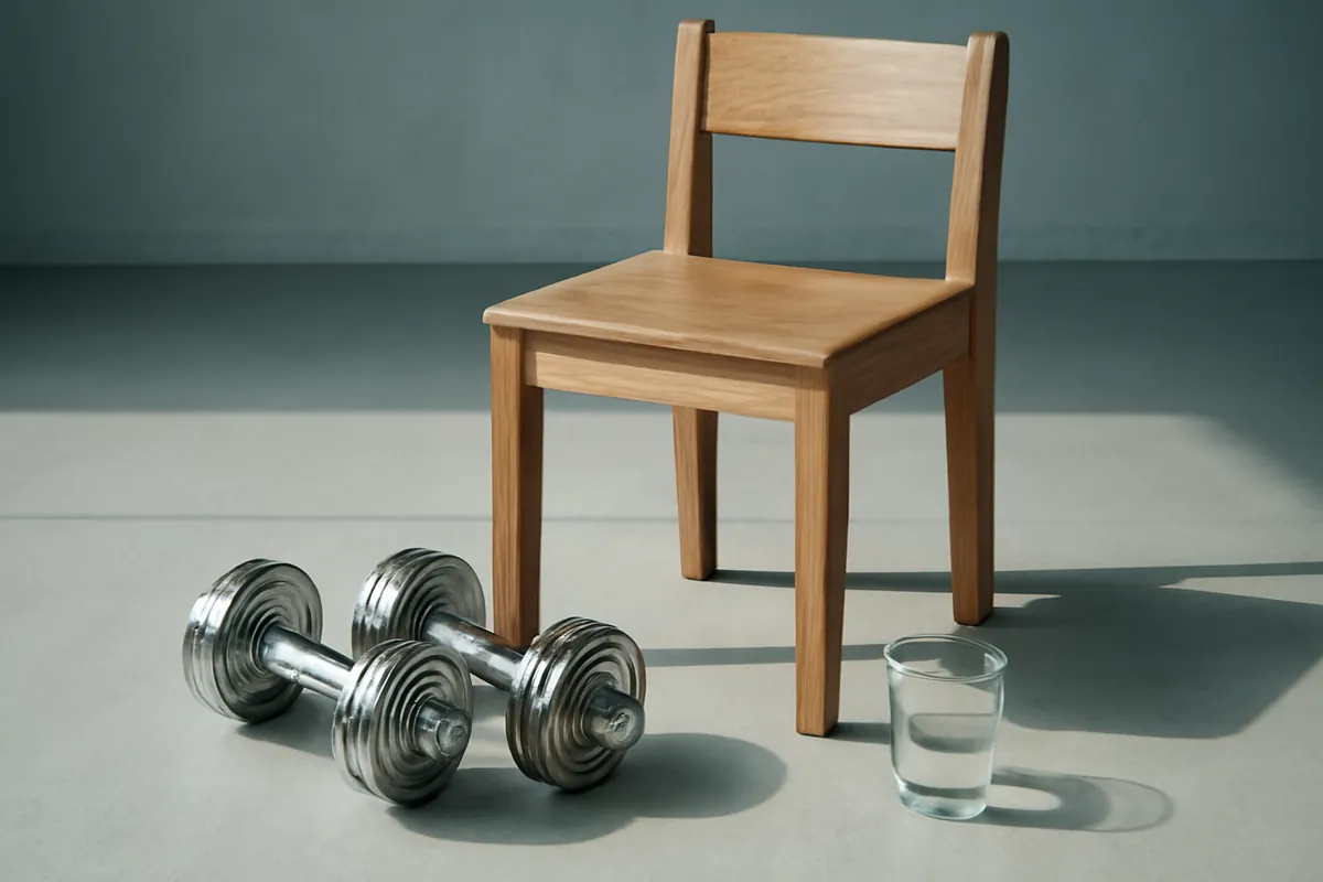 Deux haltères légères, une chaise en bois et un verre d'eau sur un sol clair