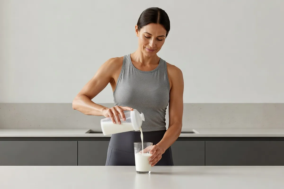 Femme adulte versant un shaker de boisson protéinée dans un verre dans une cuisine claire