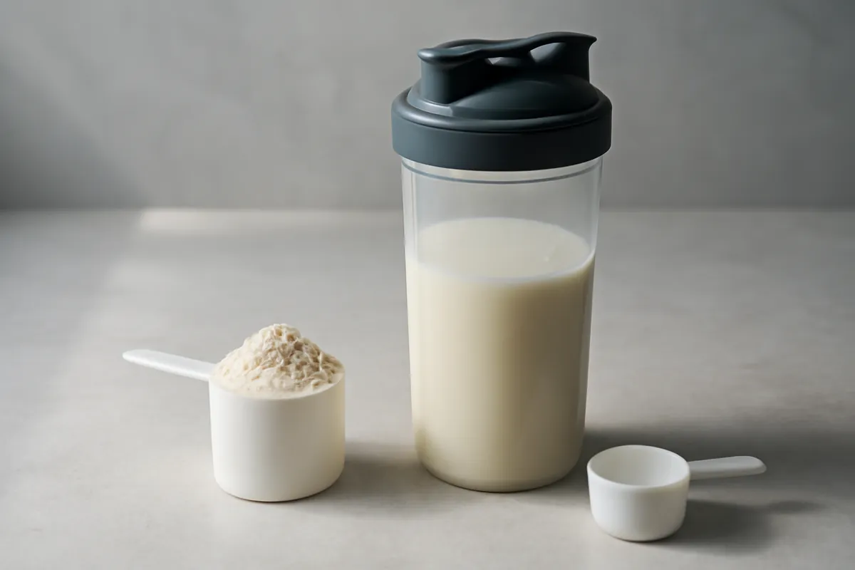 Shaker transparent à moitié rempli d'une boisson crémeuse, avec une mesure et une cuillère de poudre