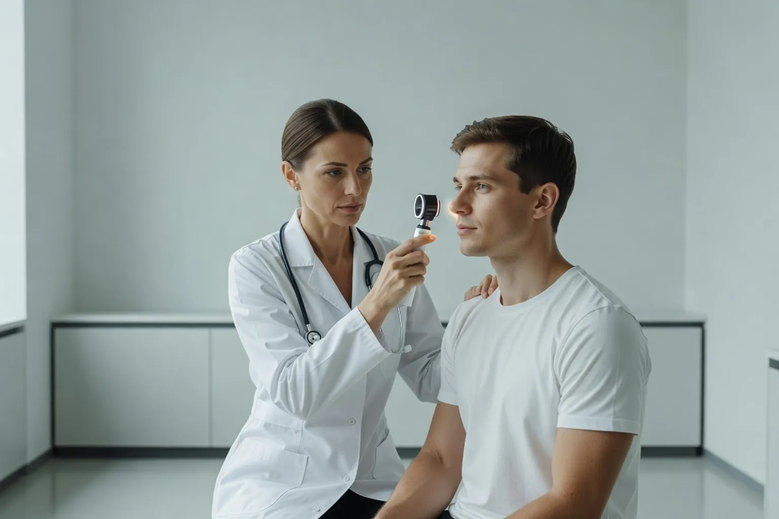 Jeune homme consultant une dermatologue dans un cabinet clair