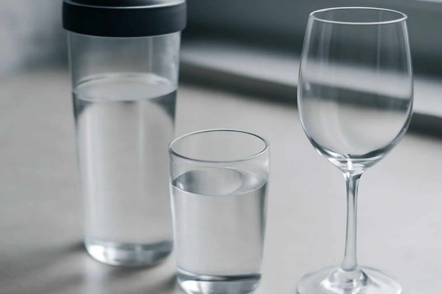 Verre posé à côté d'un shaker et d'une poudre blanche sur un plan de travail minéral, lumière froide