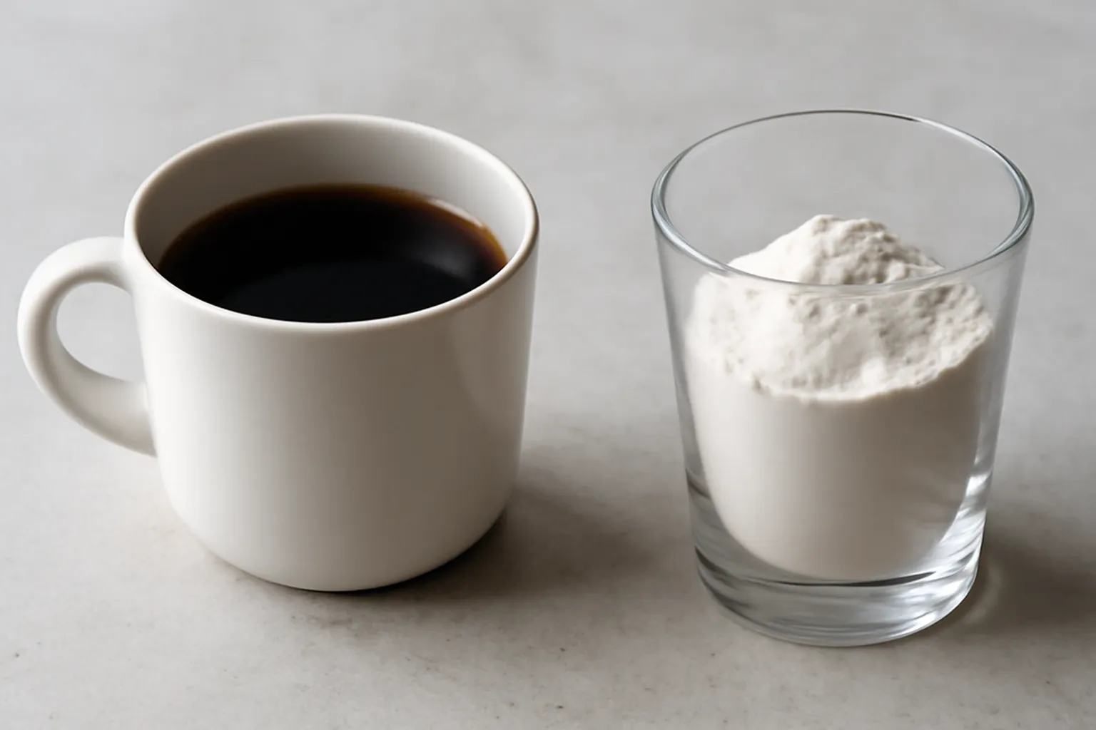 Pot de créatine monohydrate et tasse de café posés sur une table claire