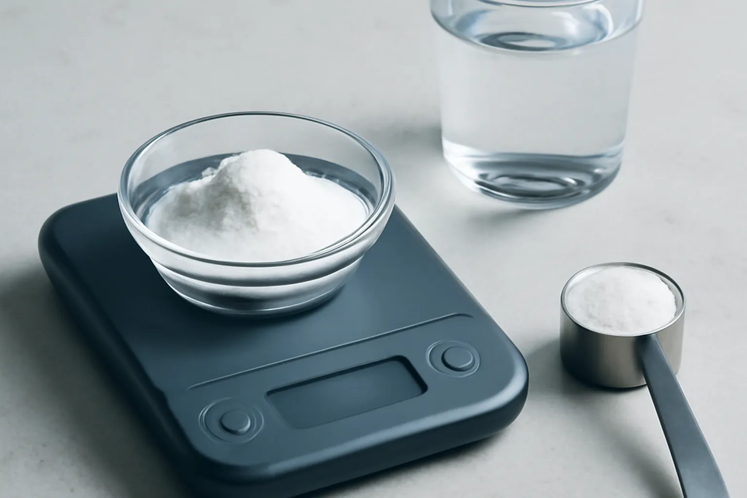 Dose de créatine pesée sur une balance de précision